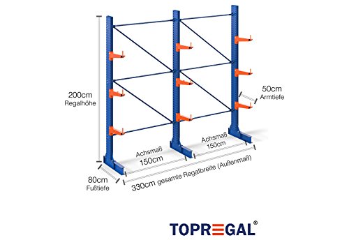 3,3m Kragarmregal, 200cm hoch, 50cm tief, 3 Kragarmebenen - Langgutregal Schwerlastregal