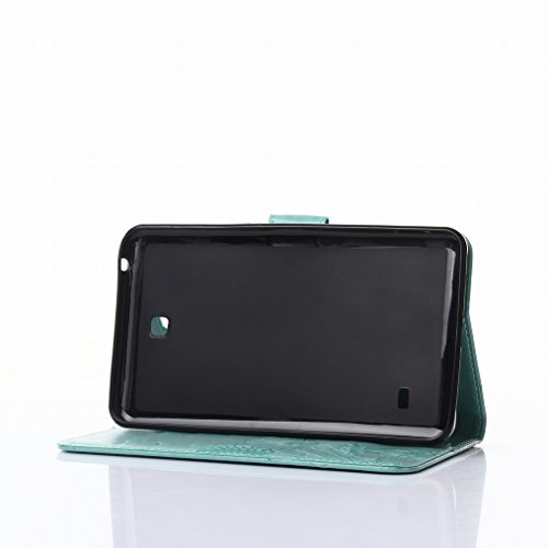 LEMORRY Samsung Galaxy Tap4 7.0 / T230 Hülle Unique Premium PU Flip Ledertasche Soft TPU Silikon Gummi Schutzhülle Schale Tasche Beutel Tasche Haut Card Stehen Bumper Magnetisch Schließung Rear Protection, Blume Schmetterling Drucken Grün - 2
