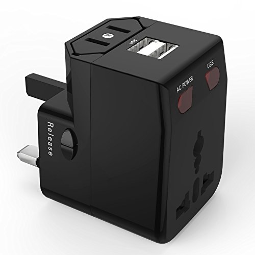 MoKo Universal Reiseadapter - All-in-One US / EU / UK / AU Reisestecker AC Power Wall Charger Konverter Stecker Adapter mit 2 USB Ports 2.1A für Smartphone, iPhone, iPad, MP3 Player, Tablet, Schwarz