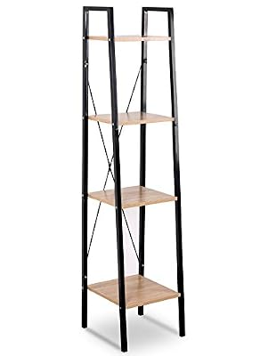 WOLTU RGB9284hei Étagère Meuble Rangement étagère à Livres en Bois Acier,Environ 34x35x148cm Noir+Chêne Clair