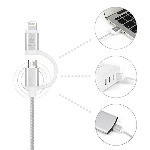 HUNDA 2 in 1 Ladekabel , 1M USB Lightning Ladekabel mit Nylon umflochtenes [Apple MFi zertifiziert] für iPhone 7/7 Plus,6S/6S Plus 6/6 Plus, 5/5 S , iPad Air 2, iPad Mini 3 und Android-Handys (Silber) - 3