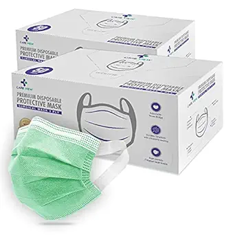 CARE VIEW 3 Ply Disposable Surgical Face Mask Box with FABRIC Earloop and built in Nose Pin, Certified by BFE>99% and PFE > 95%, SITRA, DRDO, ISO and CE (Pack of 100, GREEN)