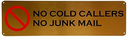 No Junk Mail, No Cold Callers Front Door Letter Box Metal Aluminium Sign House by MegSub (200x50mm Gold Rounded Corners + 4 Holes)