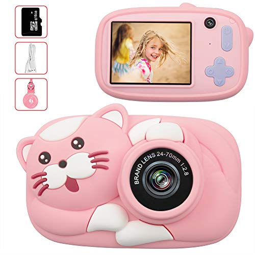 LeaderPro Appareil Photo Enfant Numérique Caméra pour Enfant Antichoc, 2.4 Pouces Écran IPS, 26 Mpixels, Objectif Avant et Arrière, Zoom x 4, 16G TF Carte, Bon Cadeau pour Enfant 3-10 Ans, Chat Rose