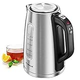 Größere Kapazität: Max. Fassungsvermögen von 1,7 L für die jenigen die morgens schnell einen Tasse Tee oder Kaffee trinken, ist der Wasserkocher bestens geeignet. Die Füllstandanzeige können Sie jederzeit durch den aktuellen Füllstand ablesen