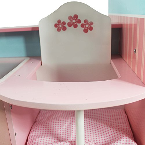 Teamson Kids - All in One 18 inch Baby Doll Nursery Station (Changing Table + Crib + High Chair + Cabinet) with Swing | Wooden 18 inch Doll Furniture