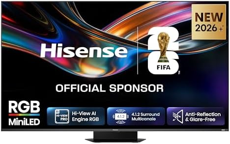 Hisense Smart TV RGB MiniLED 170Hz 65" 4K 65UR9S, Schermo Anti-Riflesso, 100% BT2020, Dolby Atmos 4.1.2 By Devialet, Dolby Vision IQ, VIDAA OS, USB-C, Native 170Hz Game Mode, Wifi 6E, BT, lativù 4K