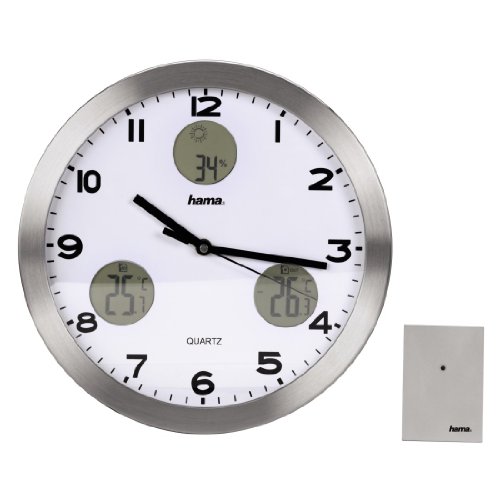Hama Wetterstation AG-300 (Wanduhr mit Thermometer, Hygrometer und Außensensor), silber