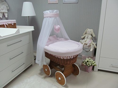 10 pcs Set - wicker crib moses basket bassinet including complete furnishings, Modell:rosa - big wheels