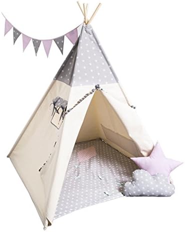 Cozydots Kids Play Tent Set Indian Fun Indoor Outdoor Teepee Grey Stars - Made In EU
