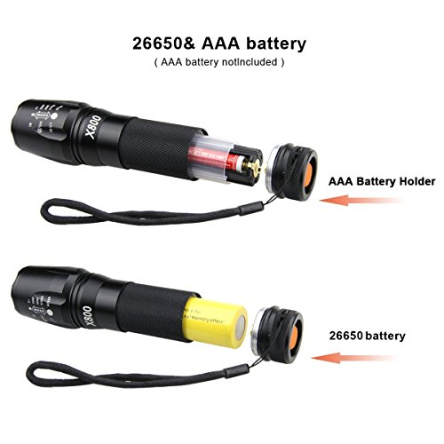 SUNSPEED Wiederaufladbare LED Taschenlampe/5 Modus Regulierbar/500 Lumen /IP65 Wasserdicht/ 26650 aufladbare Batterie + Ladegerät+3 AAA Akku-Halter - 6