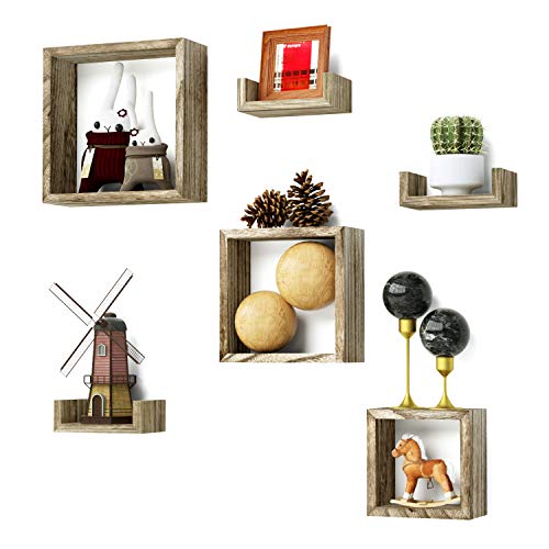 Love-KANKEI Etagère Murale Lot de 7 Etagères Flottantes En Bois Avec 3 Cadres Carrées et 4 Etagères en Forme L Pour Toute Combinaison S'adapte au Salon Chambre ou Bureau