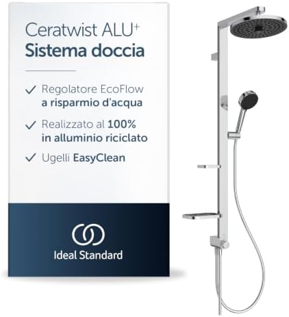 Ideal Standard Ceratwist Alu+ Colonna doccia, Realizzata con l'100% di alluminio riciclato, doccia a risparmio idrico con tipi di getto variabili – Cromo (338x501x1104 mm)