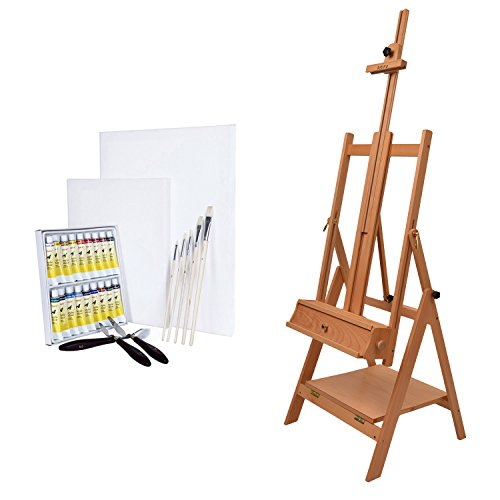 Artina Professional Studio Easel Napoli Solid Beech-Wood - Acylic Art Set - incl. Brushes. Canvases and Paint Pallet