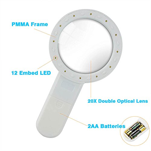 Idealeben 20x Lupa de lectura altos aumentos 12 LEDs altos brillos iluminaci  n perfecto para personas mayores    Blanco y Negro   