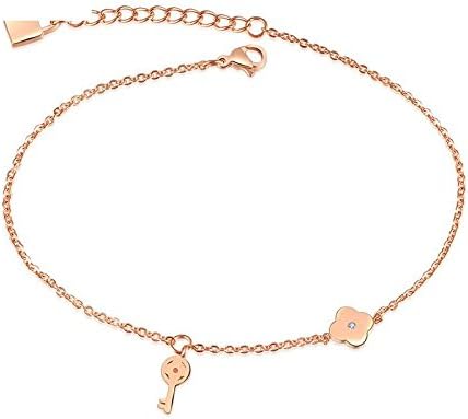 Europe And America Ankle Bracelets Fashion Temperament Single Diamond Key Anklet Plating Rose Gold Titanium Steel Jewelry Girls Gifts,OneColor-OneSize