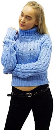 Hipster Fashion Destination Ladies Turtle Cable Polo Neck Long Sleeve Crop Jumper Knit Wear (L.Blue, S/M UK 8-10)