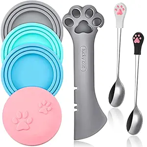 7 Pieces Pet Food Can Supplies Set Include 4 Pieces Silicone Pet Can Covers Cat Can Lids 1 Pieces Multifunctional Pet Can Opener and 2 Pieces Dog Claw Spoons for Pets Dogs Cats Feeding Can