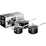 Contenido: 1x Le Creuset Set de cazos de aluminio antiadherente con tapas, Ø 16, 18 y 20 cm, peso: 5 kg, color: antracita/plateado