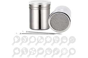 2Pcs Saupoudreuse Cacao, BetterJonny Saupoudreuse Cacao en Acier Inoxydable 304 avec Couvercle avec 16 Pochoirs pour Café Cappuccino 2 Stylo de Barista pour Cannelle Sucre Poudre Farine Chocolat