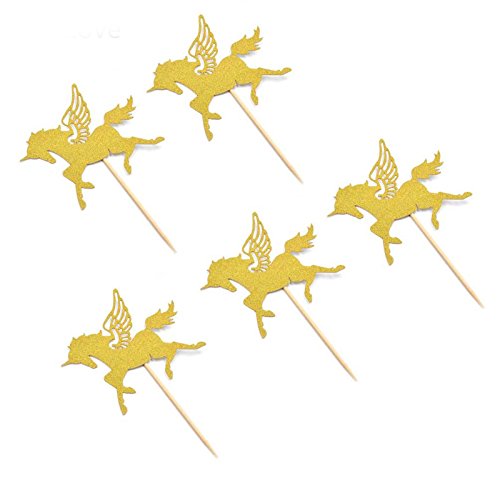 10 PCS Gold Pferd Kuchen Topper Cupcake Kuchen, Dekoration für Geburtstag Zeremonie Celebration Hochzeit Bambus Fruit Cocktail Gabeln Party Fingerfood Bridal Dusche Cupcake Topper Valentine ’s Day gold - 4
