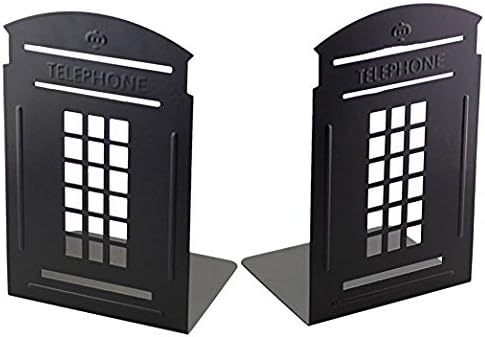 Metal Bookend, Kioneer One Pair Vintage Fashion British Style London Telephone Booth Kiosk Thickening Iron Library School Office Home Study Metal Bookends Fome Gift (Black)