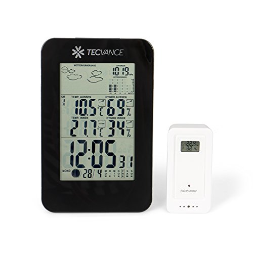 Tecvance NT-1898 Digitale Funkwetterstation inkl. Außensensor und Batterie, schwarz