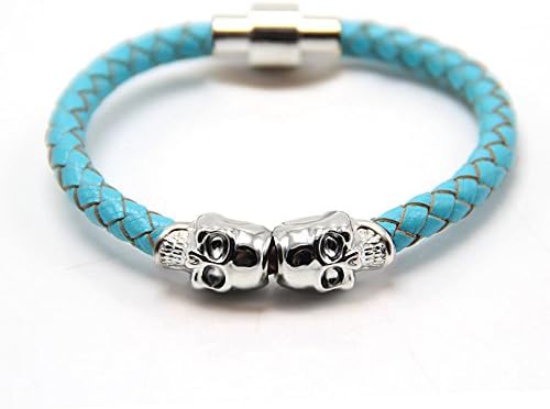 Men's Braided White Leather Bracelet Gold Skulls Magnetic Clasp (Turquoise/SilverSkull)