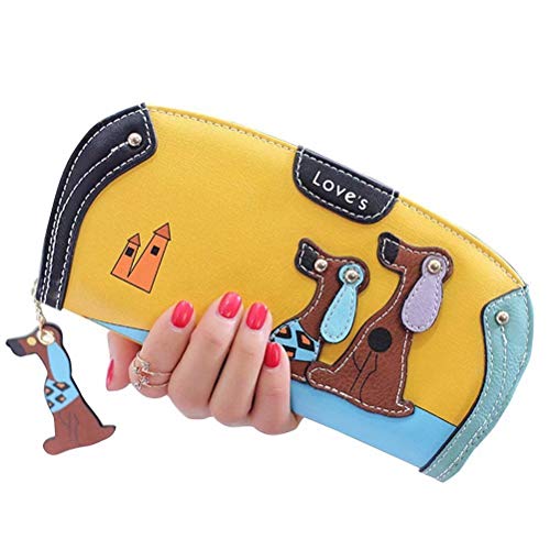 Preisvergleich Produktbild MiniGreen PU Leder Lang Geldbörse Reißverschluss Clutch Tasche Damen Geldtasche Geldbeutel Cartoon Hund Frauen Portemonnaie Mädchen Handtasche Große Kapazität Kartenfächern Handytasche, Gelb