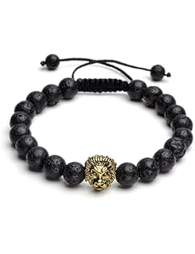 QGEM Schmuck Damen Herren Buddha-Armband Reiki-Energietherapie Armreif 8mm-kugelsteine Löwe-Kopf Design mit geflochte...