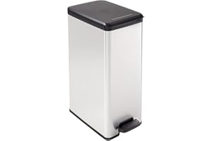 Curver - Cubo de Basura Slim con Pedal 40 L, 42 x 25 x 61 cm, Acabado Color Acero, Tapa con Cierre amortiguado y aro para Bolsa