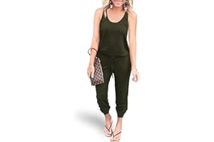 REORIA Women Summer Casual Sleeveless Tank Top Elastic Waist Loose Jumpsuit Rompers with Pockets
