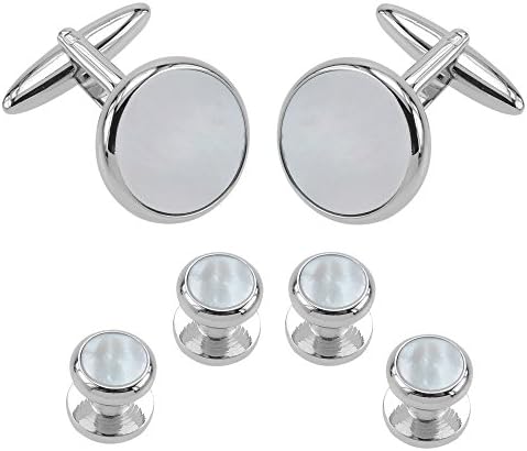 CUFF IT Round Cufflinks and Studs Set White Mother of Pearl Tuxedo Shirt Wedding Business