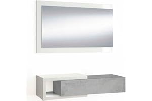 Mobelcenter - Recibidor con Espejo y Cajón - Mueble de Entrada Estilo Moderno - Mueble de Recibidor Color Blanco Artik y Cemento - Medidas: Ancho: 95 cm x Fondo: 26 cm x Alto: 19 cm - (1263)