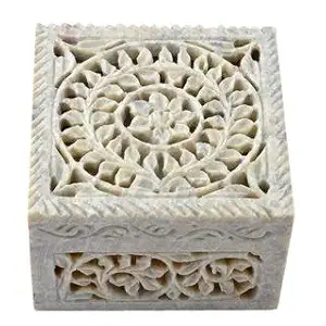 Sehar Crafts Jewellery Storage Box | Soap Stone | Floral Carving Decorative | 4 x 4 inch |