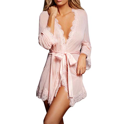 Preisvergleich Produktbild Janly Frauen Dessous Babydoll Nachtwäsche Unterwäsche Spitzenmantel Nachtwäsche + G-String Damen sexy Dessous sexy Bademantel Riemen Mesh-Spitze Nachthemd Wimpern (S, Rosa)