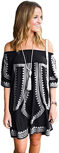 Yiyada Fashion Womens Bohemian Vibe Geometric Hollow Out Print Off The Shoulder Beach Dress Swimwear Cover-up Pareos dresses Sarong (Black)