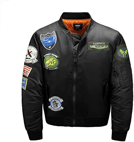 AVIDACE Quilted Bomber Jacket Men Nylon Oversized With 8 Leather Patches Coat Size XL Black