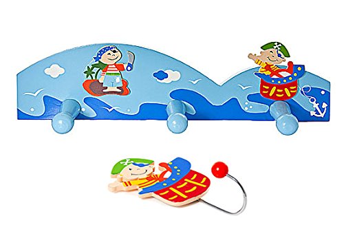 Set of 2 Single & Triple Wooden Blue Pirate Themed Coat Hooks Wall Hooks for Boys Pirate Themed Nursery or Bedroom