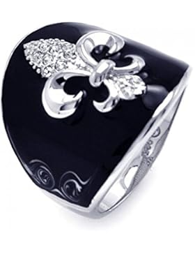 Fleur De Lis Cigar Bandring Schwarze Email Sterling Silber Rhodium beschichtet Klare Zirkonia Ring