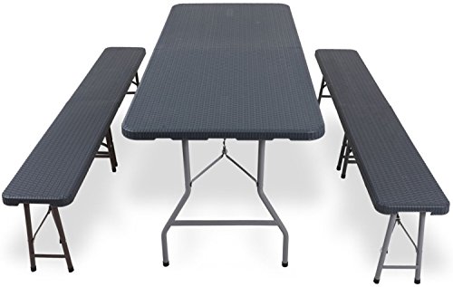 3-teilig KROLLMANN Biertischgarnitur aus Rattan in Grau bestehend aus 1 Biertisch und 2 Bierbänke, klappbar Party Garnitur - 2