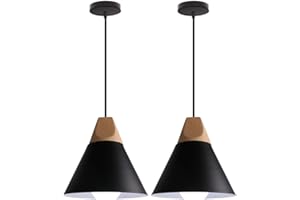 WOTTES Pendelleuchte Moderner Industrieller Holz Pendelleuchtenschirm Metall Deckenleuchte E27 Für Wohnzimmer Schlafzimmer Esszimmer. (2 Pack Schwarz)