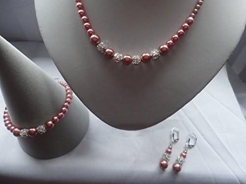 Dusky Pink Imitation Glass Pearl Bridal, Bridesmaid, Mother Of Bride Necklace, Bracelet, Earring Set