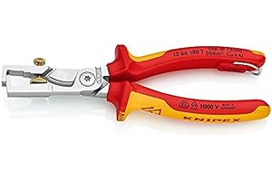 Knipex StriX® Pince à dénuder et coupe-câbles chromée, isolées avec gaines bi-matière, homologuées VDE ; avec œillet de fixation intégré pour fixation d'un dispositif antichute 180 mm 13 66 180 T