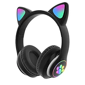 2022 Updated with 5.1 Version WK Life K8 Kids Headphones with Mic for Birthday Gift Girls/Boys Cat Ear Bluetooth, Foldable LED Light Up Headphones Over On Ear for Online Learning School (Black)