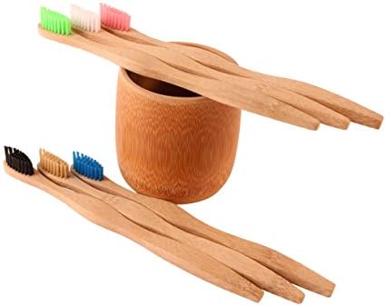 6x Soft Go Green Bamboo Toothbrushes with a FREE Naturally Carved Bamboo Toothbrush Holder – Biodegradable - Eco-Friendly - BPA Free – Sustainable Bamboo Wood