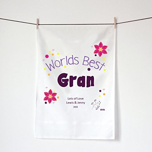 Personalised Gran Birthday Tea Towel Gift, Personalised Worlds Best Grandma Present for Her Kepster Towel, Flowers Kitchen Present for Gran Granny Grandma Auntie Mum