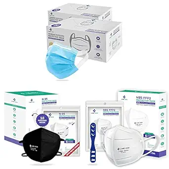 CARE VIEW 3 Ply Disposable Surgical Face Mask Box (Pack of 100, BLUE) & N-95 Model CV1221H Head Loop Style Protective Unisex Face Mask - Set of 10 & Unisex Protective Face Mask, (White, Pack of 20)