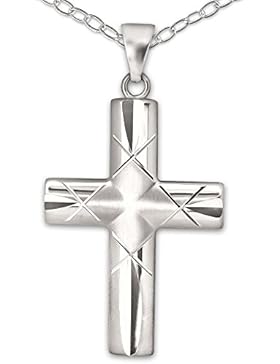 CLEVER SCHMUCK-SET Silberner Anhänger Kreuz 32 mm, gewölbte breite Balken, diamantiertes Kreuzmuster, mittig matt...