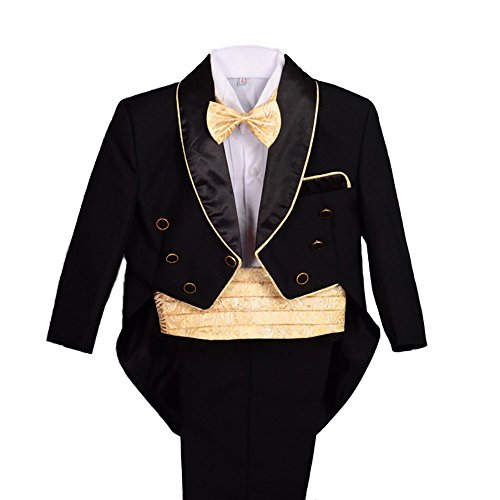 Dressy Daisy Baby Boys' Jacquard Cummerbund 5 Pieces Formal Tuxedo Suit With Tail Baptism Christening Outfit Size 9-12 Months Black Gold